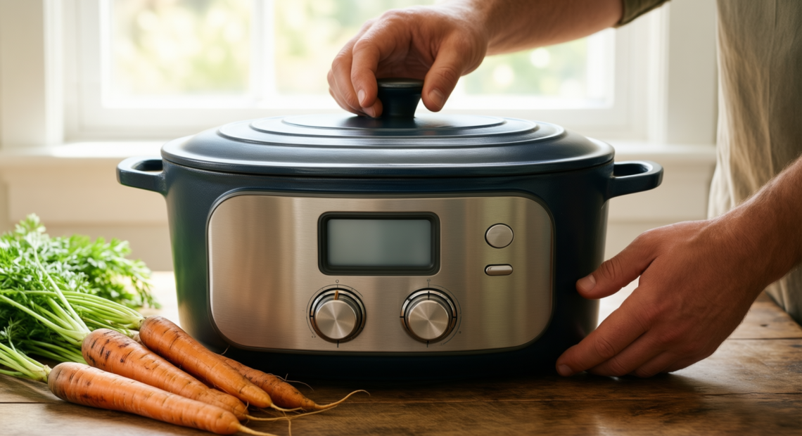vancasso 8 litre oval cast iron — lifestyle photo showing vancasso Dutch Oven 8 in use