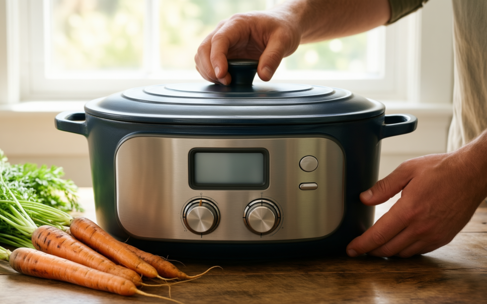vancasso 8 litre oval cast iron — lifestyle photo showing vancasso Dutch Oven 8 in use