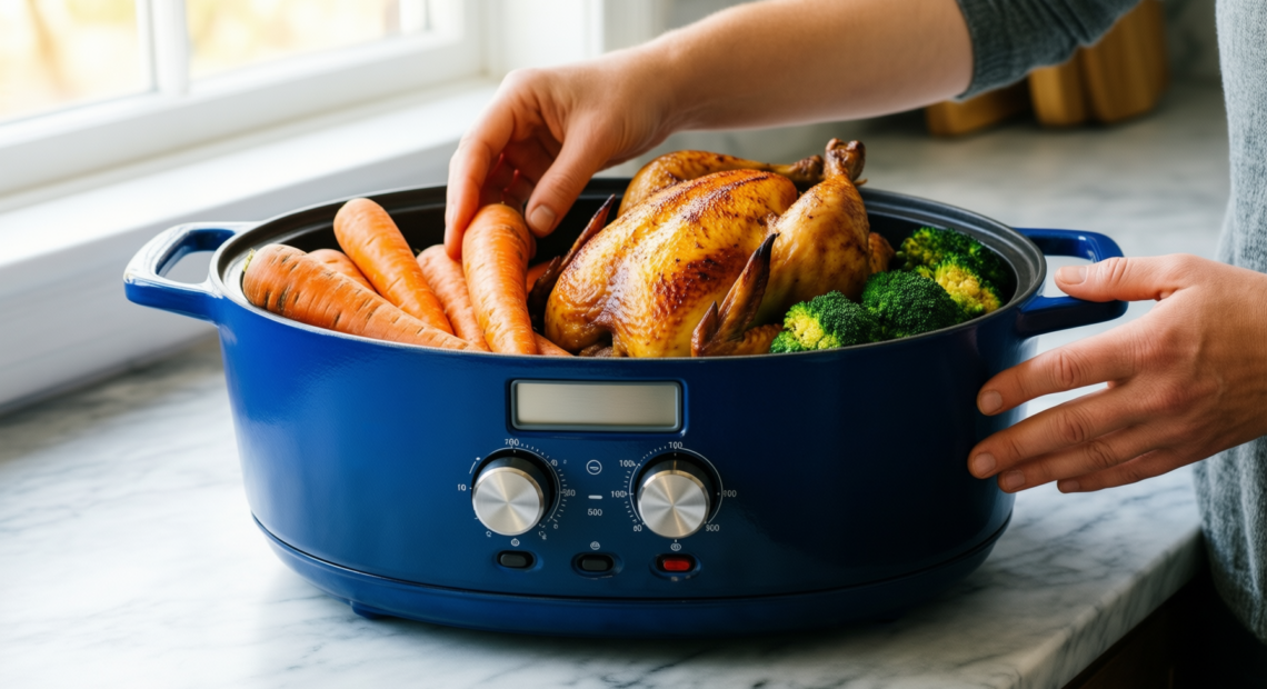 denby cobalt blue cast iron casserole — lifestyle photo showing Denby - Cobalt Blue in use
