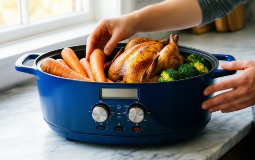 denby cobalt blue cast iron casserole — lifestyle photo showing Denby - Cobalt Blue in use