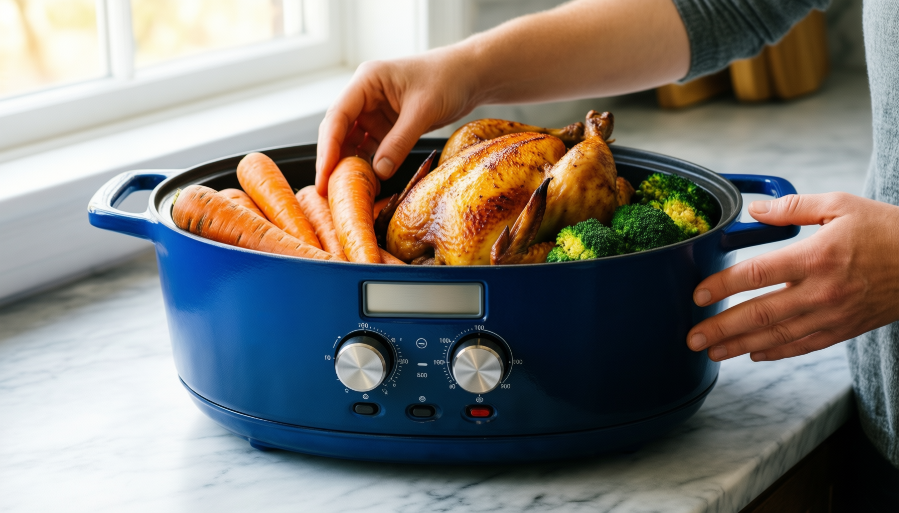 denby cobalt blue cast iron casserole — lifestyle photo showing Denby - Cobalt Blue in use