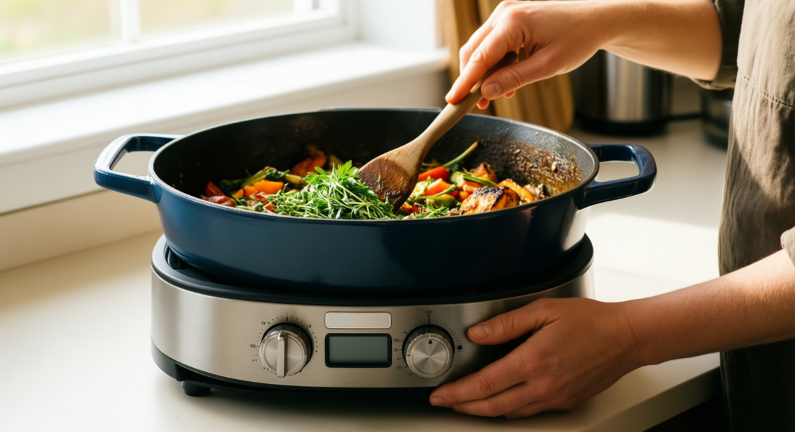tramontina bestow enamelled cast iron casserole — lifestyle photo showing Tramontina Bestow Enamelled Cast in use
