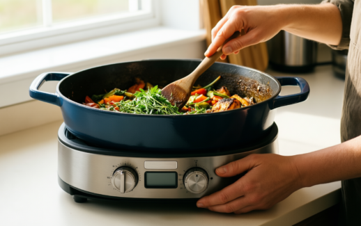tramontina bestow enamelled cast iron casserole — lifestyle photo showing Tramontina Bestow Enamelled Cast in use