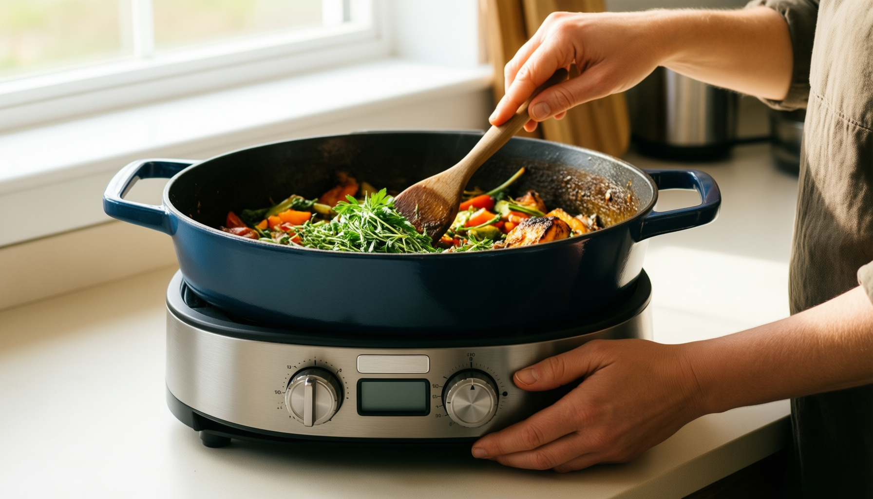 tramontina bestow enamelled cast iron casserole — lifestyle photo showing Tramontina Bestow Enamelled Cast in use