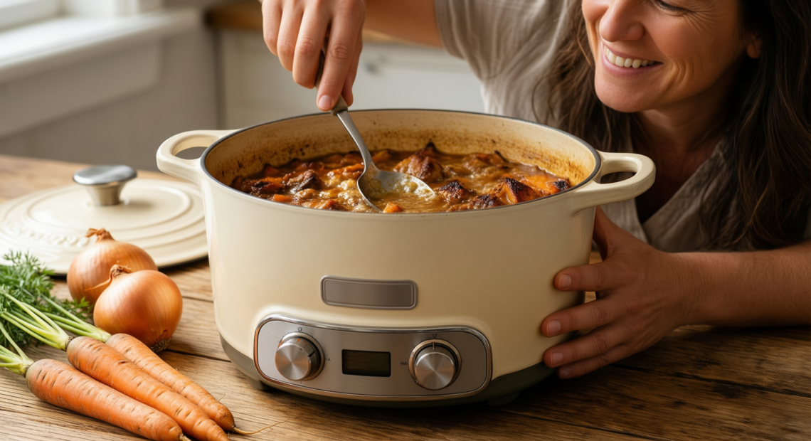 mercer culinary enameled cast iron dutch — lifestyle photo showing Mercer Culinary Enameled Cast in use