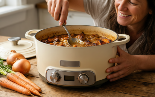 mercer culinary enameled cast iron dutch — lifestyle photo showing Mercer Culinary Enameled Cast in use