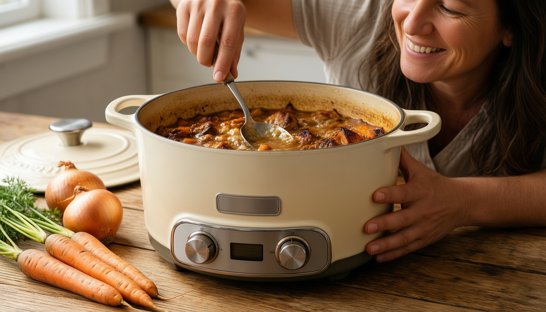 mercer culinary enameled cast iron dutch — lifestyle photo showing Mercer Culinary Enameled Cast in use