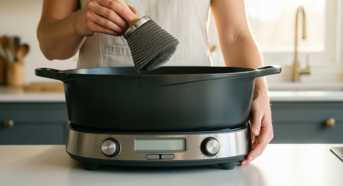 cast iron braiser with chainmail scrubber — lifestyle photo showing Cast Iron Skillet + in use