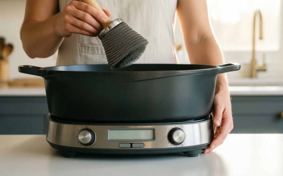 cast iron braiser with chainmail scrubber — lifestyle photo showing Cast Iron Skillet + in use