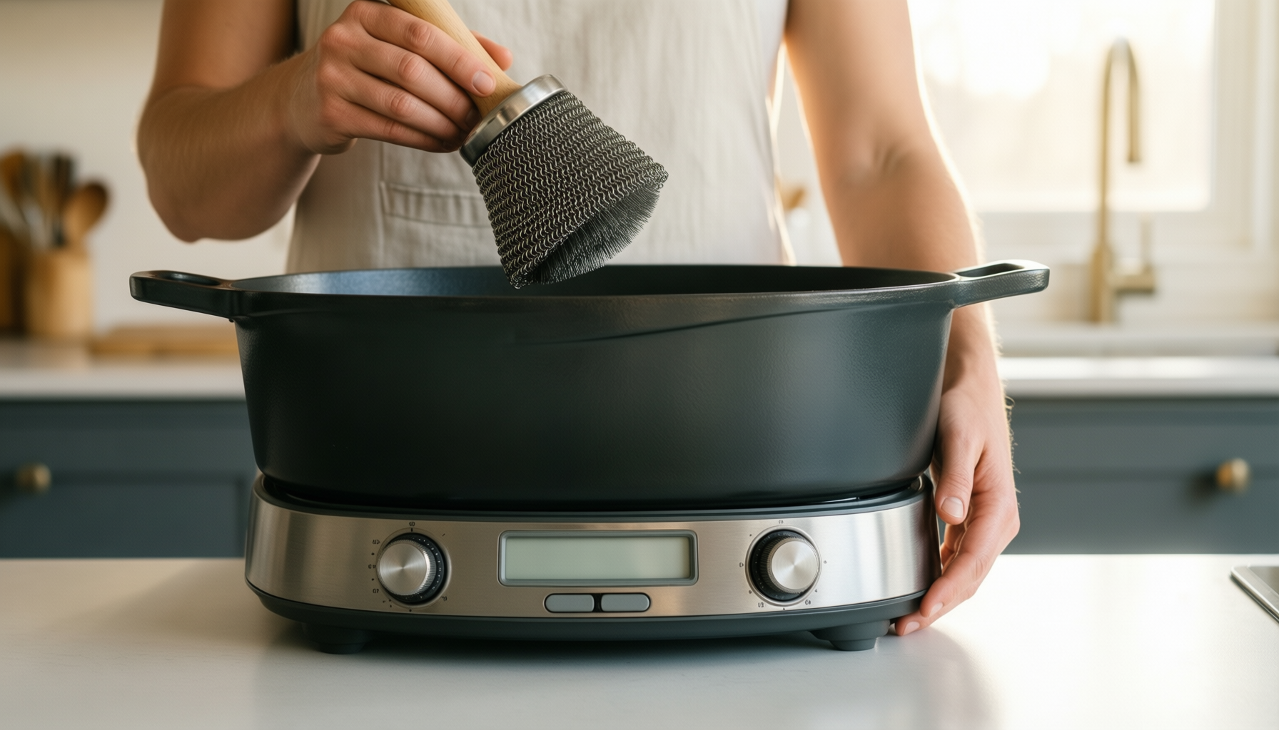 cast iron braiser with chainmail scrubber — lifestyle photo showing Cast Iron Skillet + in use