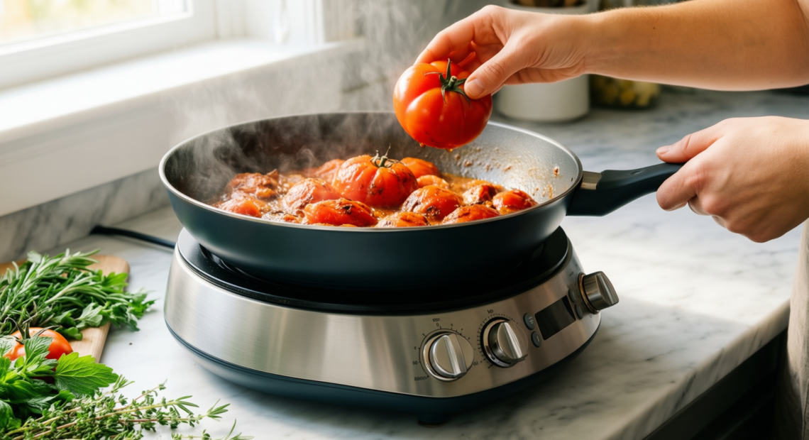 le creuset marseille saucepan — lifestyle photo showing Le Creuset Signature Enamelled in use