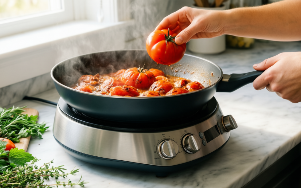 le creuset marseille saucepan — lifestyle photo showing Le Creuset Signature Enamelled in use