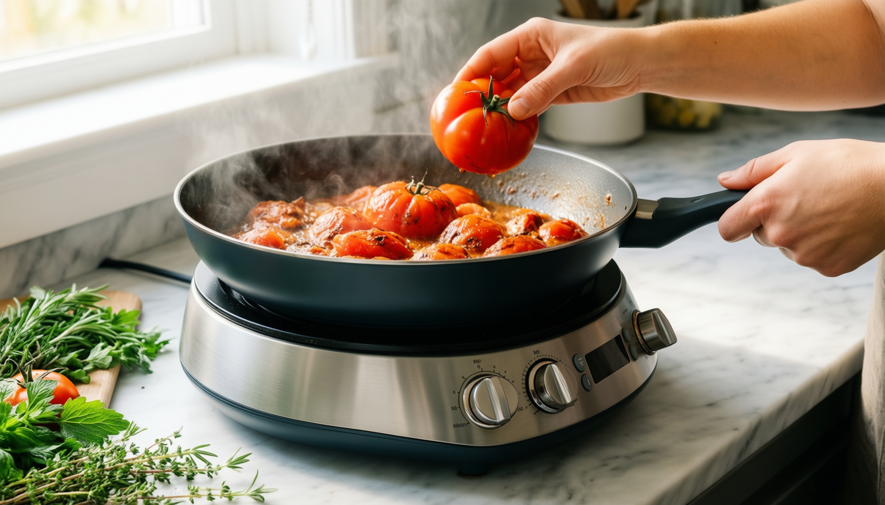 le creuset marseille saucepan — lifestyle photo showing Le Creuset Signature Enamelled in use