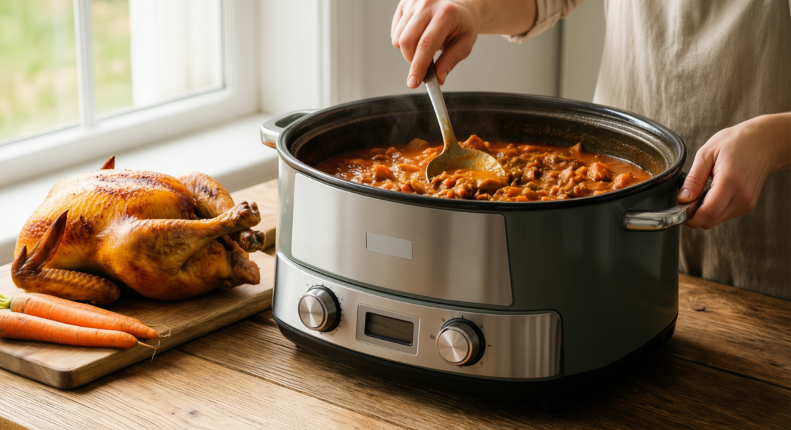 6 quart enameled cast iron dutch — lifestyle photo showing 6 Quart Dutch Oven in use