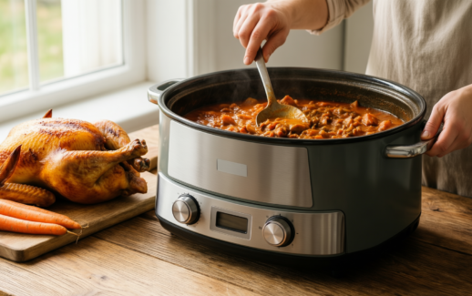6 quart enameled cast iron dutch — lifestyle photo showing 6 Quart Dutch Oven in use