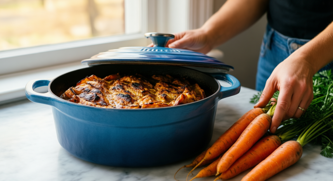vancasso stoneware casserole dish with lid — lifestyle photo showing vancasso Starry 9x13 in in use