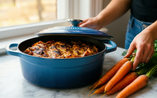 vancasso stoneware casserole dish with lid — lifestyle photo showing vancasso Starry 9x13 in in use