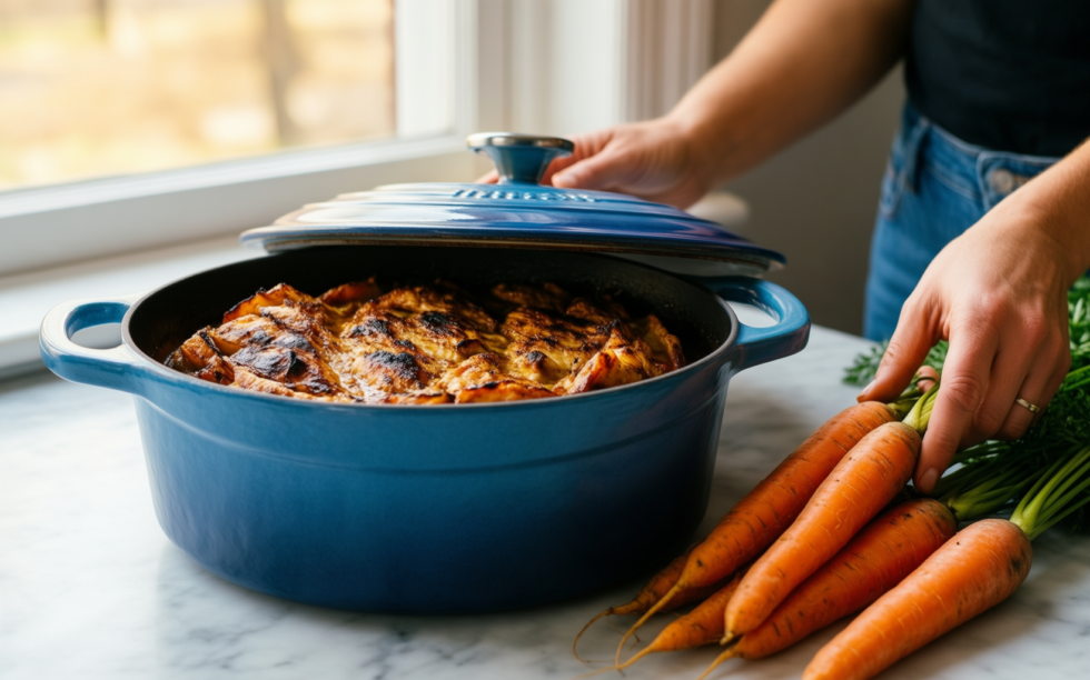 vancasso stoneware casserole dish with lid — lifestyle photo showing vancasso Starry 9x13 in in use
