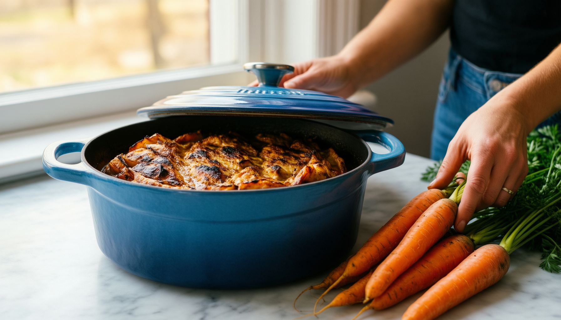 vancasso stoneware casserole dish with lid — lifestyle photo showing vancasso Starry 9x13 in in use