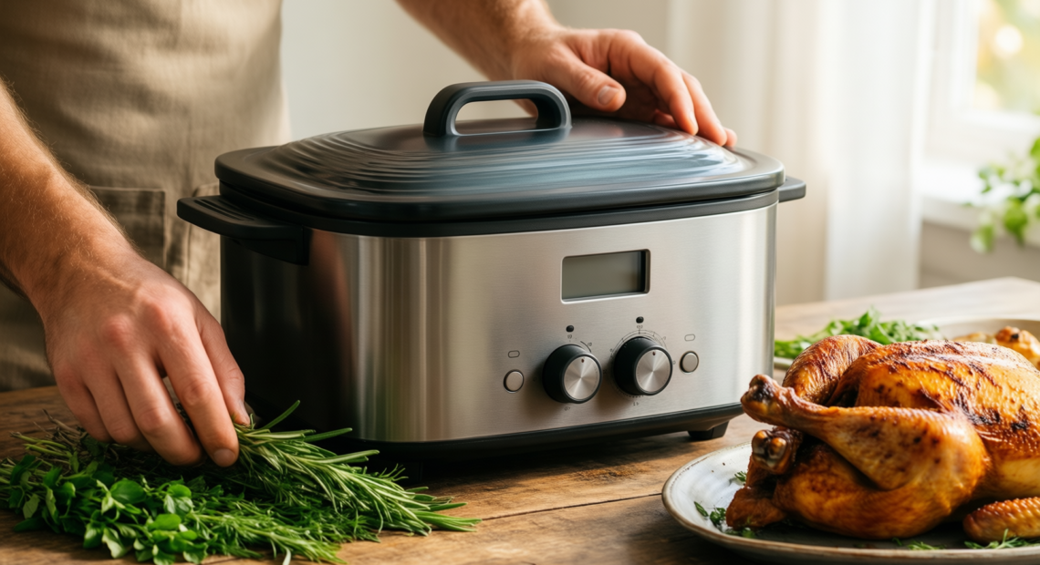 eurita clay roaster — lifestyle photo showing Eurita Clay Roaster, Non-Stick in use