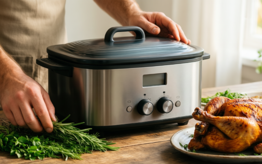 eurita clay roaster — lifestyle photo showing Eurita Clay Roaster, Non-Stick in use