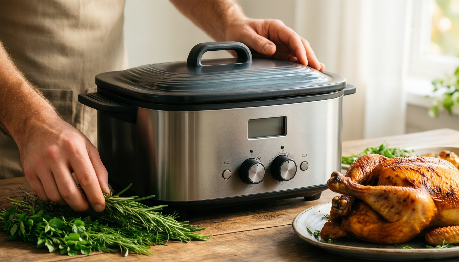 eurita clay roaster — lifestyle photo showing Eurita Clay Roaster, Non-Stick in use