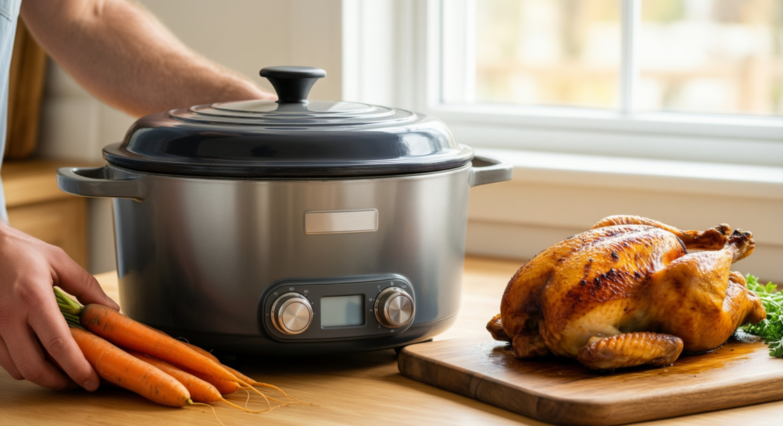 lodge enameled cast iron dutch oven — lifestyle photo showing Lodge 7.5 Quart Enameled in use