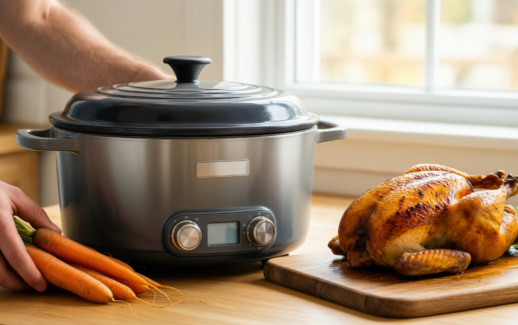 lodge enameled cast iron dutch oven — lifestyle photo showing Lodge 7.5 Quart Enameled in use