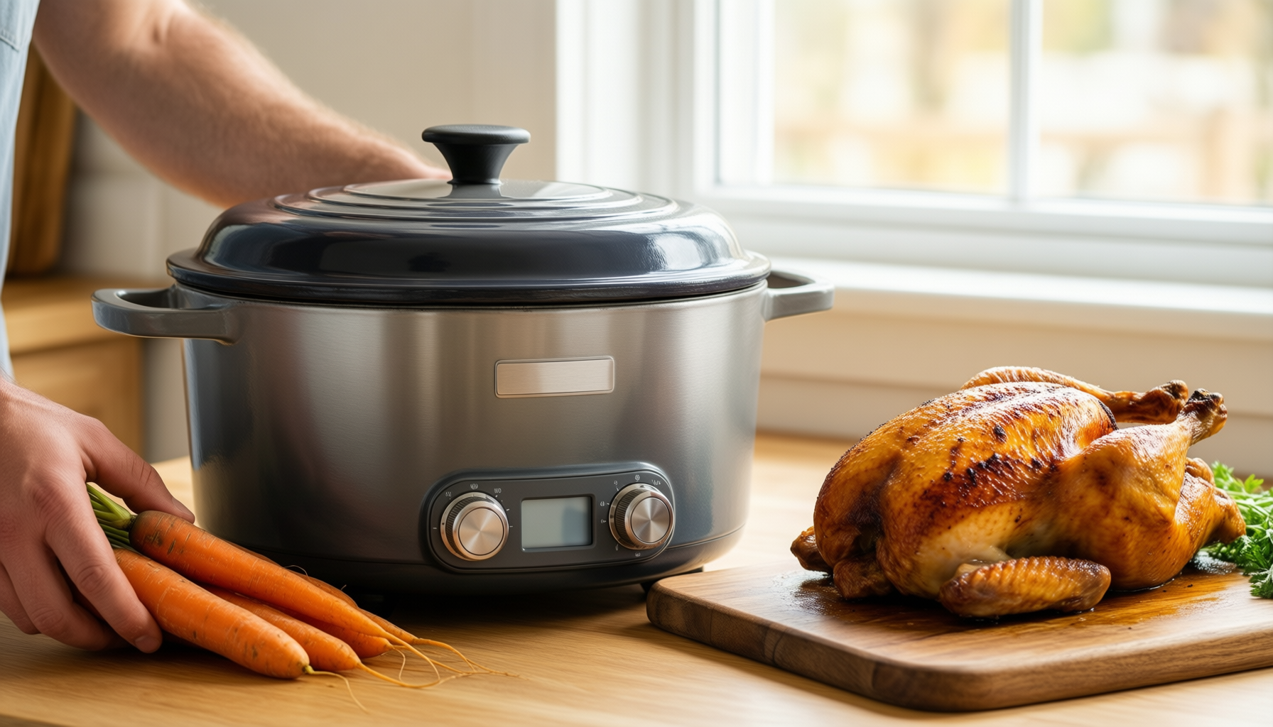lodge enameled cast iron dutch oven — lifestyle photo showing Lodge 7.5 Quart Enameled in use