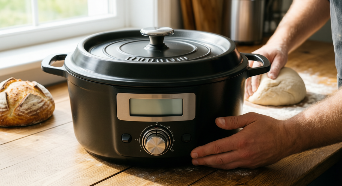 best dutch oven for sourdough — lifestyle photo showing KooK Dutch Oven, Oven in use
