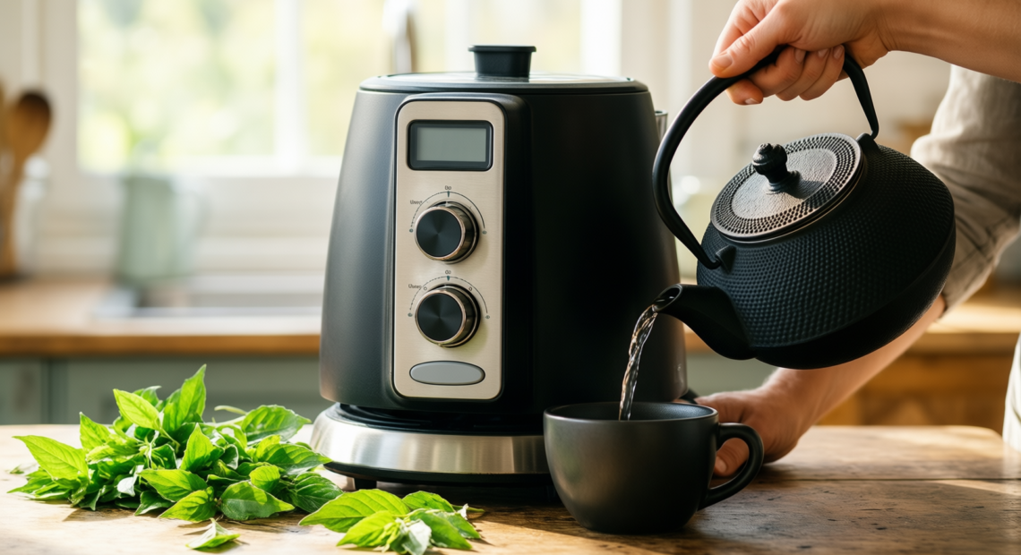 ibili cast iron teapot — lifestyle photo showing IBILI Cast Iron Black in use