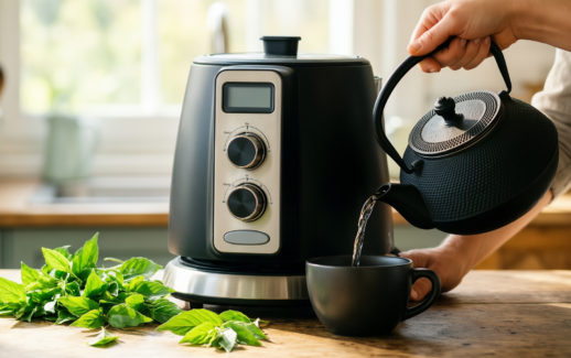 ibili cast iron teapot — lifestyle photo showing IBILI Cast Iron Black in use
