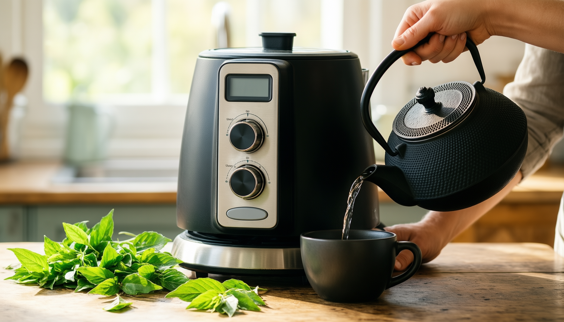 ibili cast iron teapot — lifestyle photo showing IBILI Cast Iron Black in use
