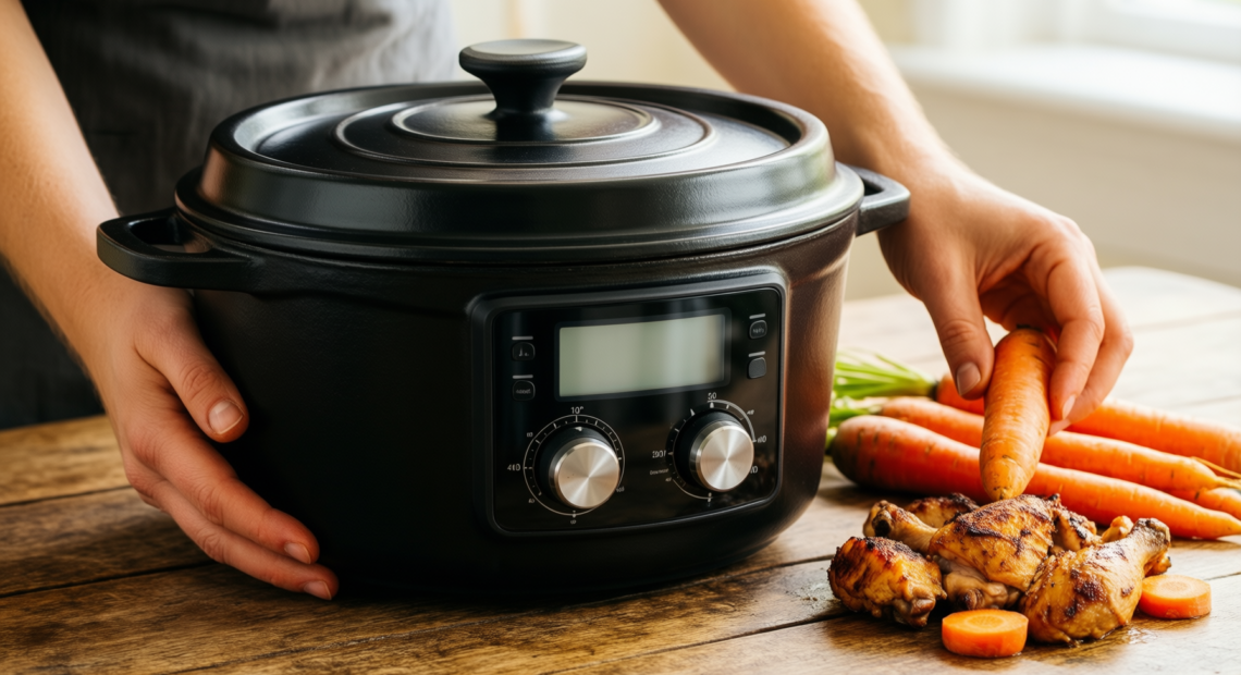 staub dutch oven 7l — lifestyle photo showing STAUB - Round cast in use