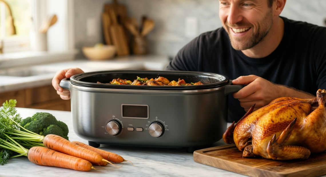 cuisinart enameled cast iron casserole — lifestyle photo showing Cuisinart Chef's Classic Enameled in use