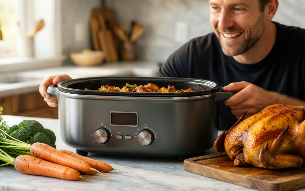 cuisinart enameled cast iron casserole — lifestyle photo showing Cuisinart Chef's Classic Enameled in use