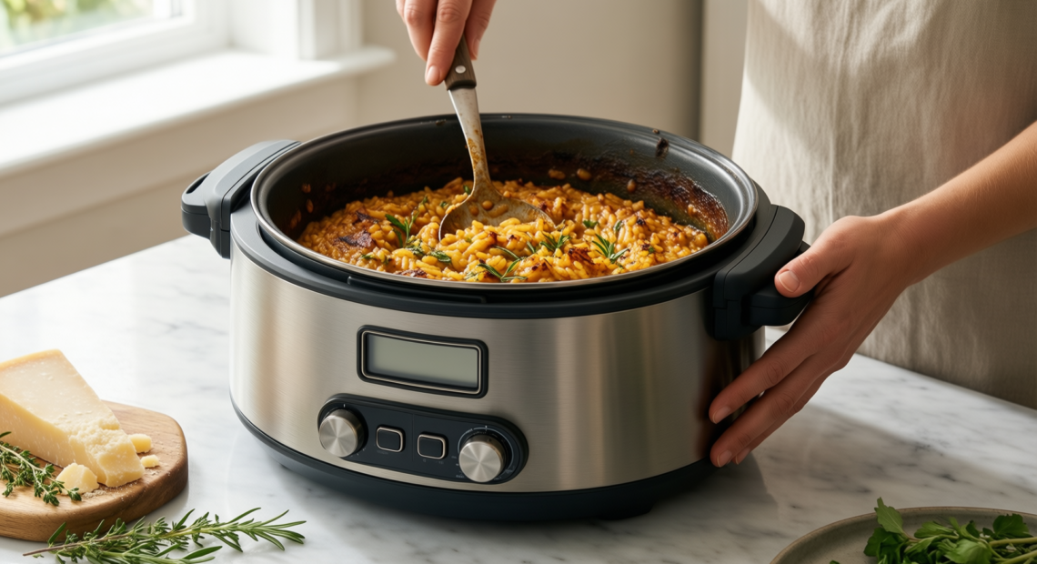 le creuset risotto pot — lifestyle photo showing Le Creuset Signature Enamelled in use