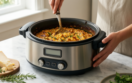 le creuset risotto pot — lifestyle photo showing Le Creuset Signature Enamelled in use