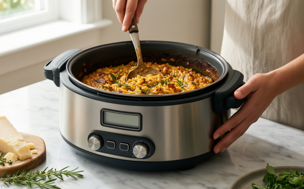le creuset risotto pot — lifestyle photo showing Le Creuset Signature Enamelled in use