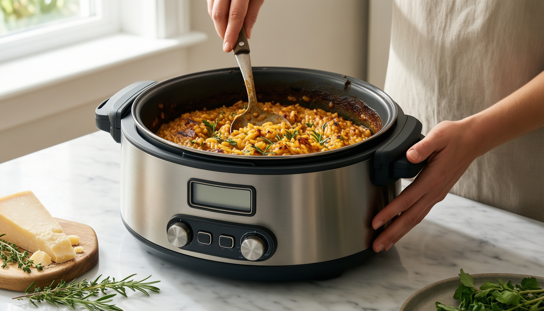 le creuset risotto pot — lifestyle photo showing Le Creuset Signature Enamelled in use