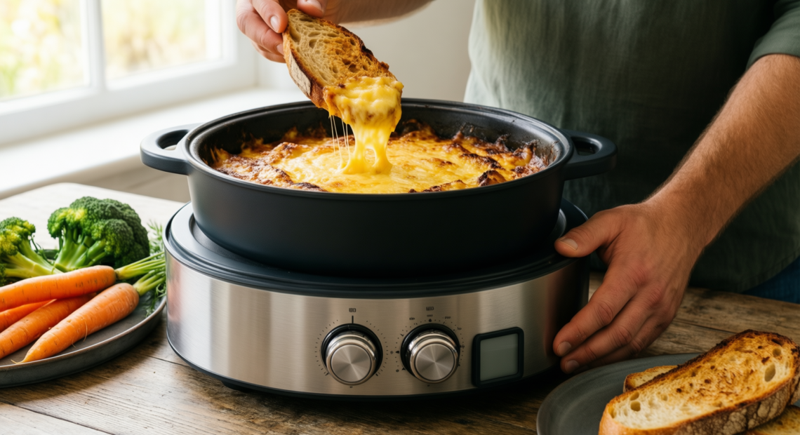 staub fondue set — lifestyle photo showing Staub Fondue Set with in use