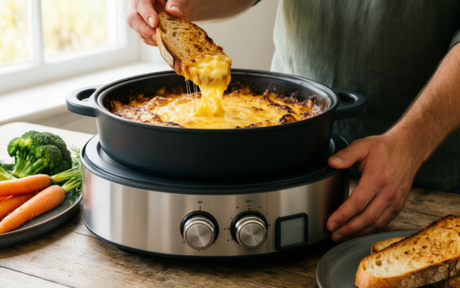 staub fondue set — lifestyle photo showing Staub Fondue Set with in use