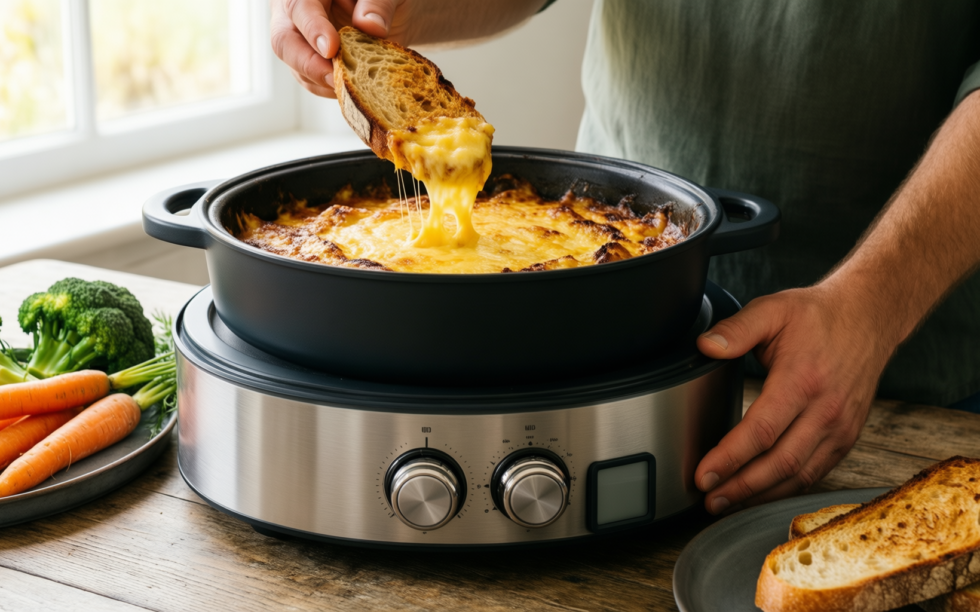 staub fondue set — lifestyle photo showing Staub Fondue Set with in use