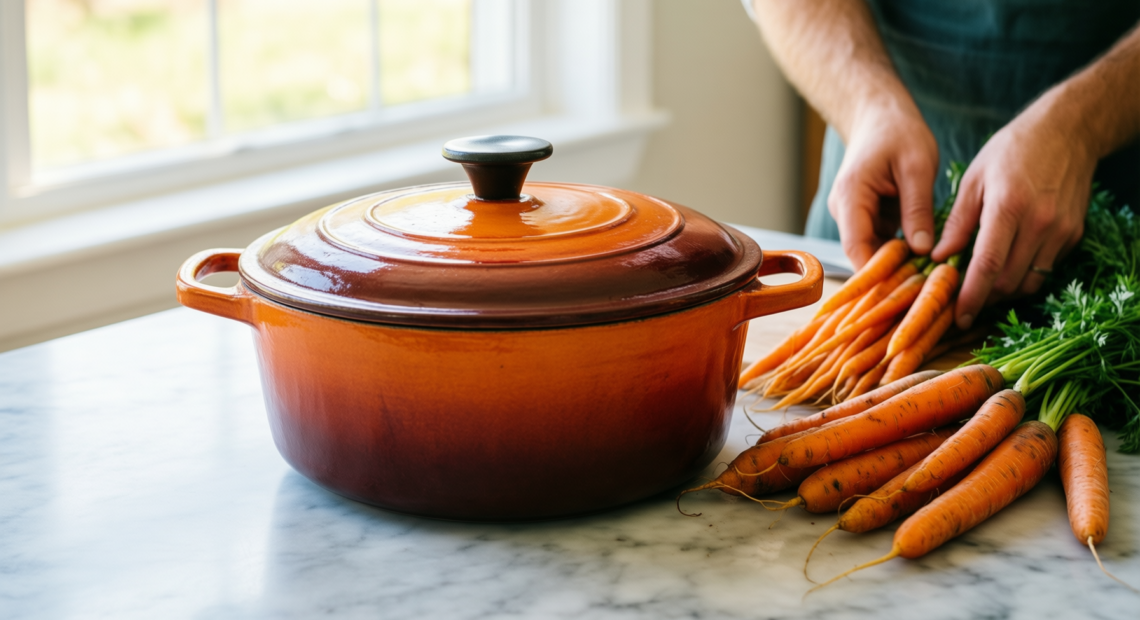 bk indigo dutch oven — lifestyle photo showing BK Indigo Dutch Heritage in use