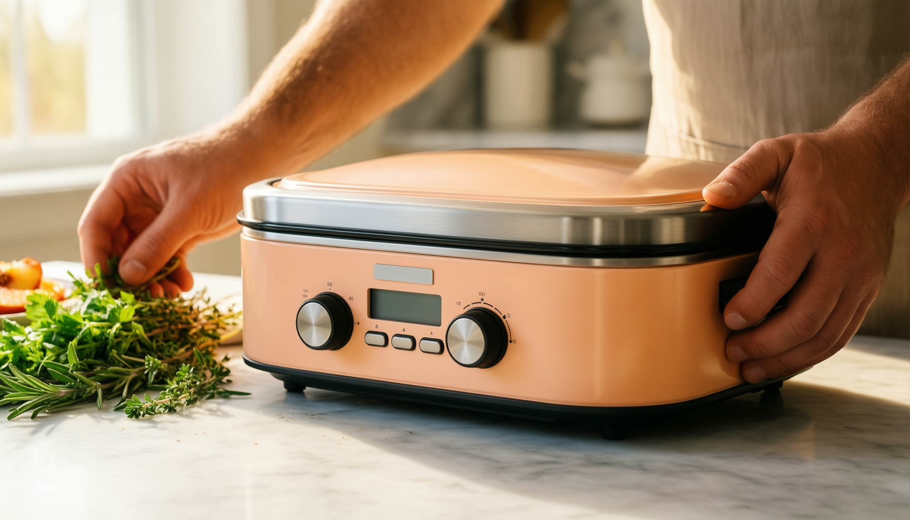 le creuset peach breaker — lifestyle photo showing Le Creuset Signature Enamelled in use
