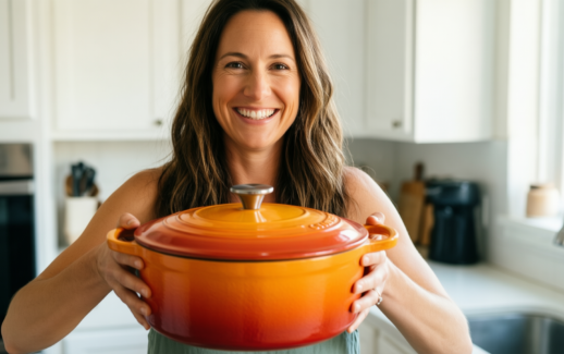 le creuset signature braiser flame — lifestyle photo showing Le Creuset LS2532-302 Signature in use