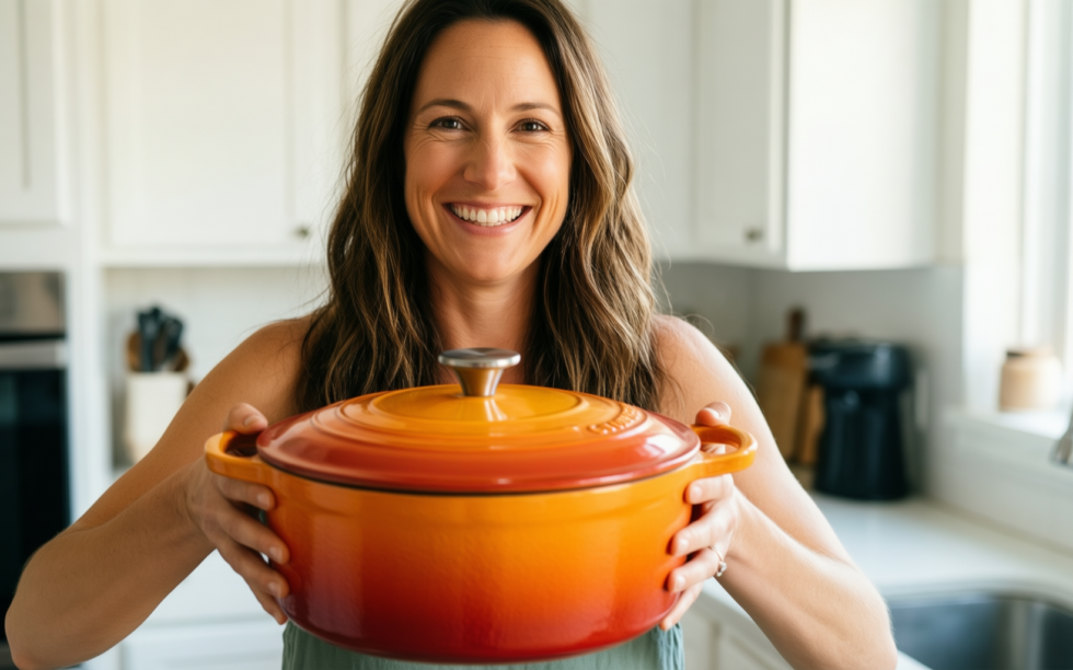 le creuset signature braiser flame — lifestyle photo showing Le Creuset LS2532-302 Signature in use
