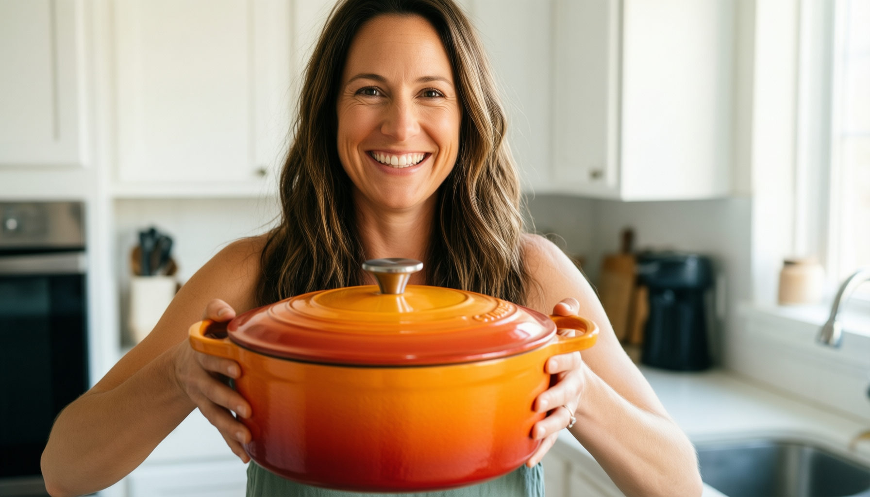 le creuset signature braiser flame — lifestyle photo showing Le Creuset LS2532-302 Signature in use